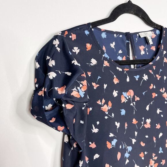 Joie XSmall XS Navy Blue Floral Gathered Sleeve Blouse Top Keyhole Back Scoop - Picture 5 of 9